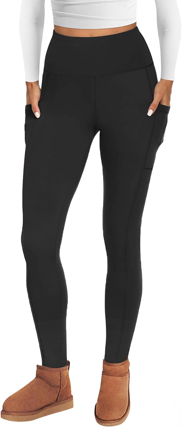 Thermal Leggings Women with Pockets High Waist Fleece Lined Leggings Warm Winter Fur Yoga Pants Tummy Control Trousers Soft Stretchy Tights Workout Yoga Gym Running Black