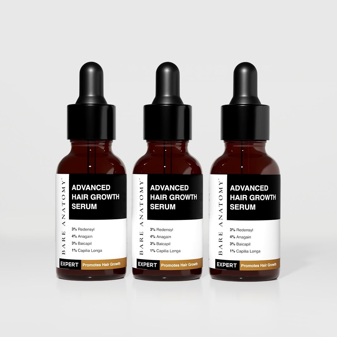 Bare Anatomy Advanced Hair Growth Serum| 3% Redensyl - 2x Better Results than Minoxidil | +4% Anagain + 3% Baicapil | Rosemary, Biotin | Hair growth & Hair fall control serum for Women Men | Pack of 3