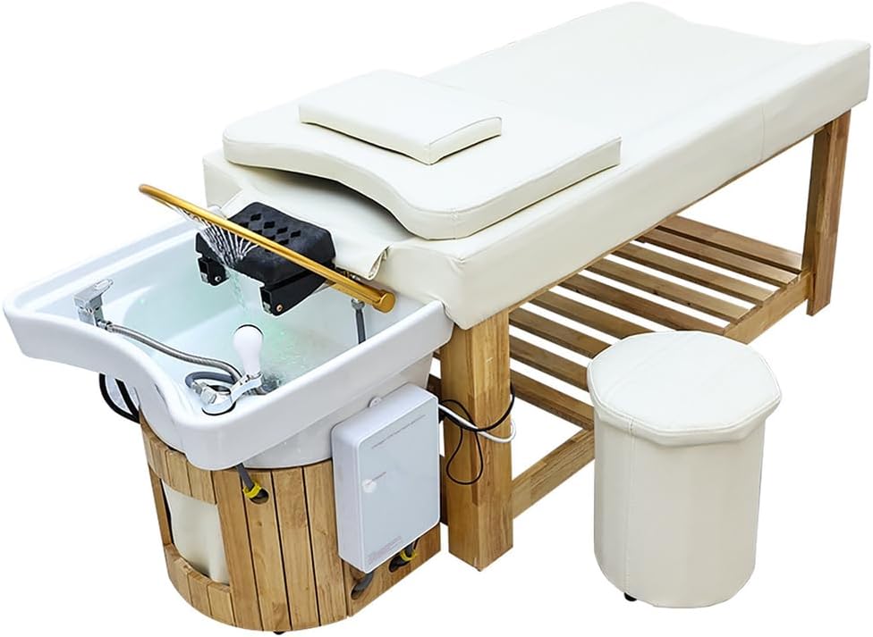 Professional Hair Washing SPA Chair, Wooden Shampoo Bed with Ceramic Basin, Constant Temp Water Circulation& Steamer, for Salon & Home Use