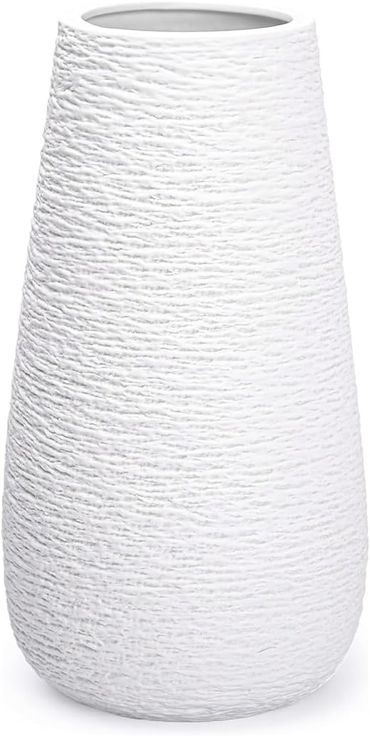 JUZAI 10 Inch White Ceramic Vase, 3D Luxury Texture Design Decorative Flowers Vases for Modern Home Decor, Tall Vase for Pampas Grass