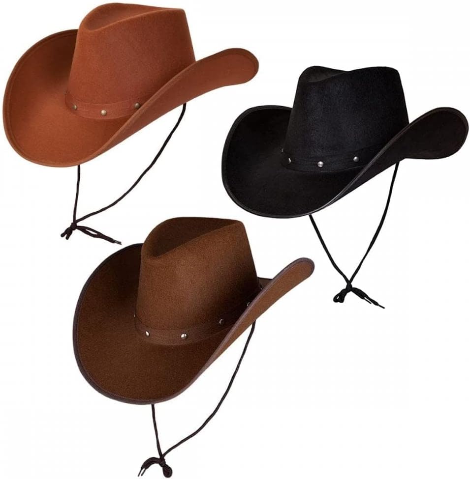 Pack of 3 x Adult Texan Cowboy Hats (1 x Black + 1 Brown + 1 x Dark Brown) : Wild West Rodeo Cowgirl Fancy Dress Accessory