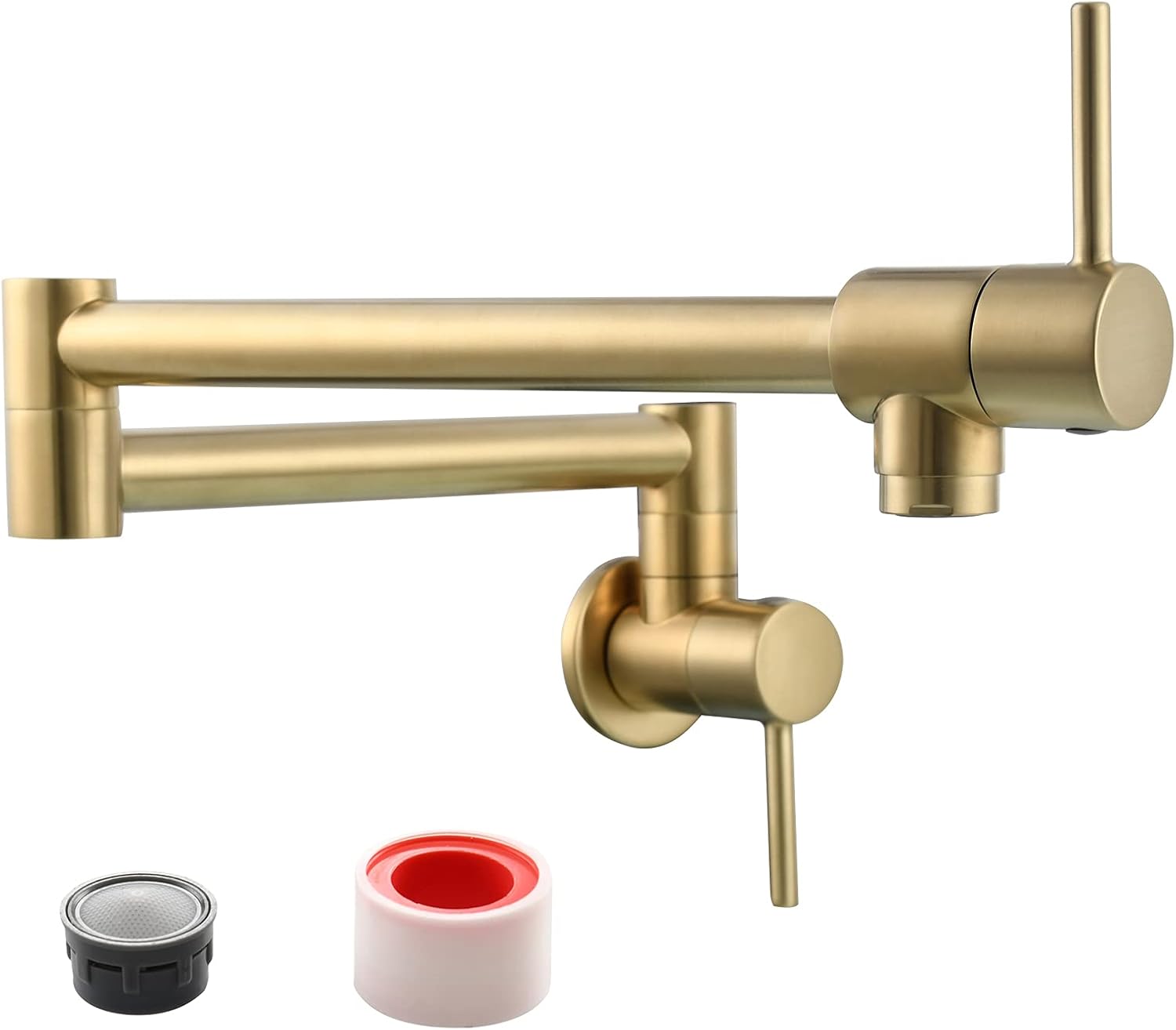 Tecmolog 2 Handles Kitchen Sink Faucet Brass Wall Mounted Pot Filler Faucet with Double Joint Swing Arms, Brushed Gold, CT166J2