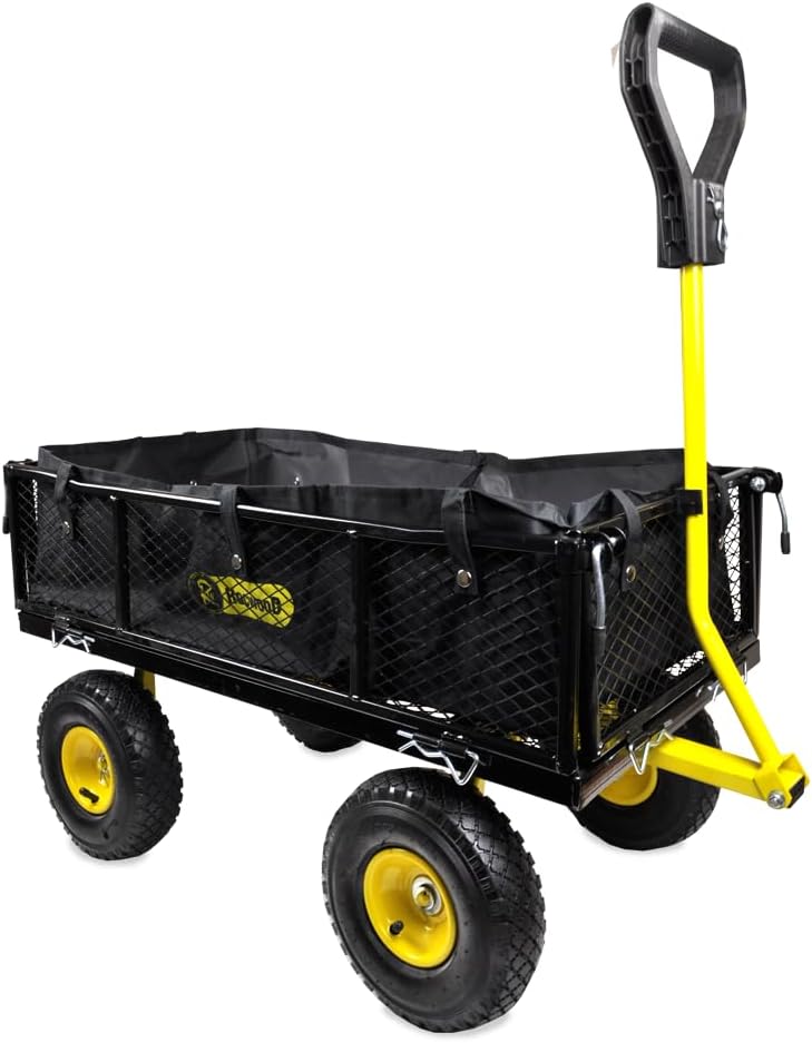 RocwooD Poly Dump Cart Trolley 80L Garden Tipping Wheelbarrow 250kg Utility Truck Trailer Steel Frame Heavy Duty Festival Outdoor Tools Plants 4 Wheels Yellow (RWMGT1)