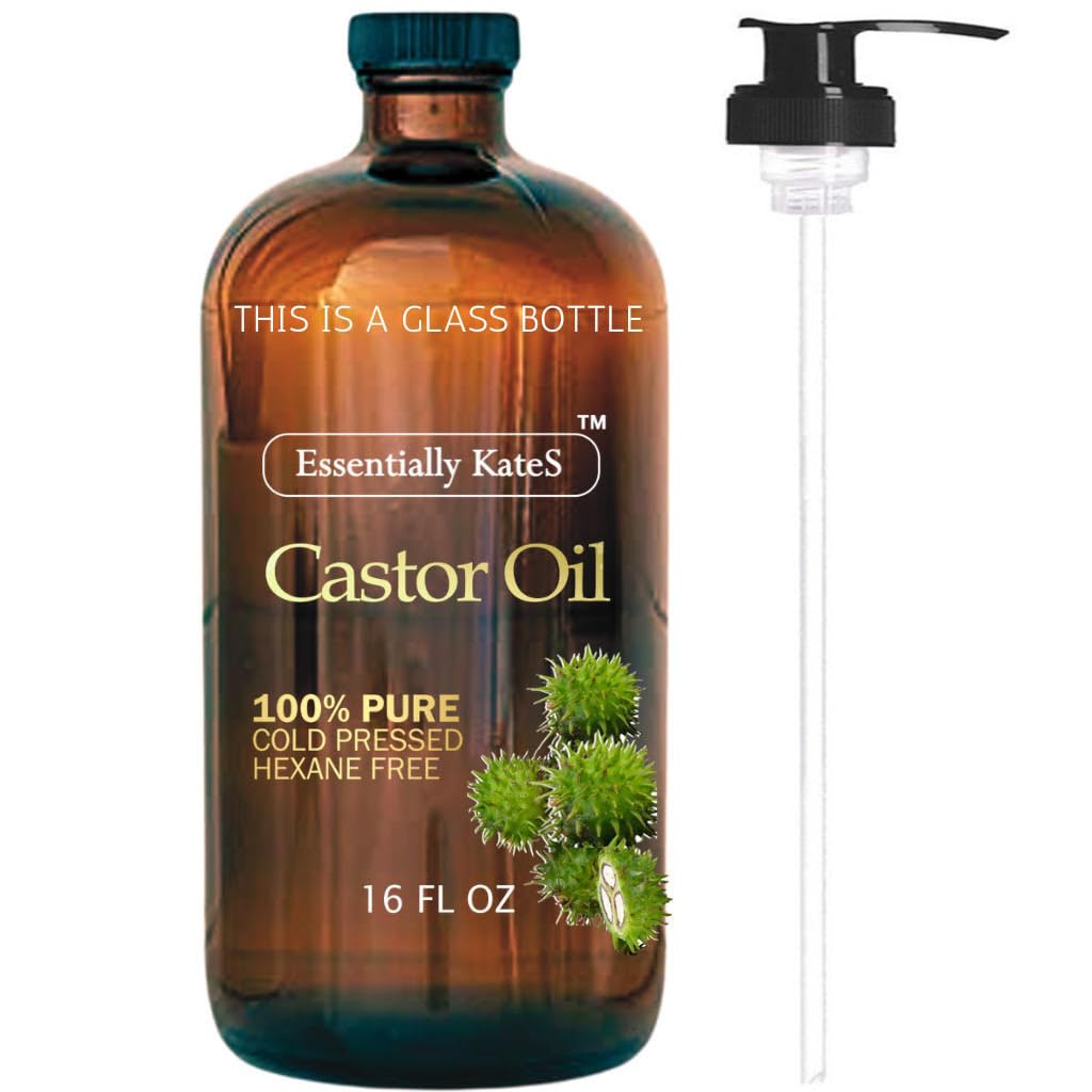 Castor Oil 16 Fl Oz (Glass Bottle) - Original - A Huge Glass Bottle with a Pump - 100% Pure and Natural, Cold Pressed, and Hexane-Free - Hair and Body