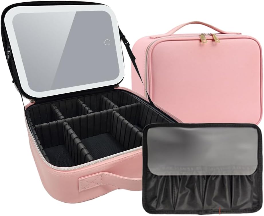 Makeup Bag with Mirror and Light Travel Makeup Train Case Cosmetic Organizer Portable Artist Storage Bag with Adjustable Dividers Makeup Brushes Storage Organizer Black (Pink)
