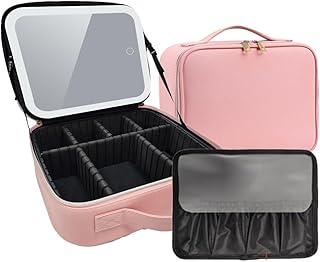 Makeup Bag with Mirror and Light Travel Makeup Train Case Cosmetic Organizer Portable Artist Storage Bag with Adjustable Dividers Makeup Brushes Storage Organizer Black (Pink)