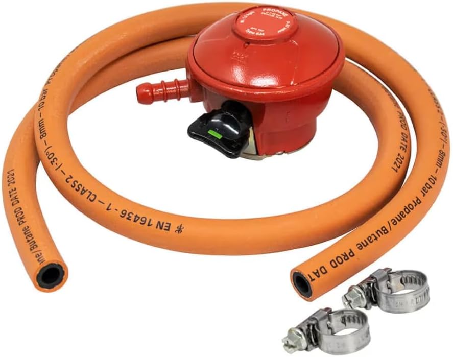 JD Brands Patio Gas Regulator 27mm Clip On with 2m Hose & 2 Clips – Compatible with Calor & Flogas Propane Tanks for BBQs, Heaters & Outdoor Equipment