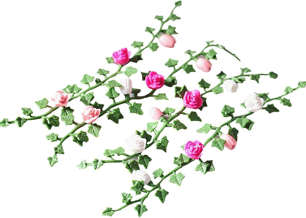 4 Pcs Miniature Rose Flower Vine Dollhouse Flower Garland Doll House Miniature Vines Mini Dollhouse Hanging Plants Fairy Garden Decorations Accessories