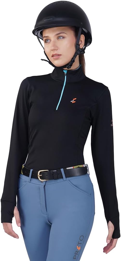 Preto Women’s Base Layer Top - Long Sleeve Athletic Thermal Shirts - Equestrian Apparel & Gear for Horseback Riding(Black/Aqua, L)