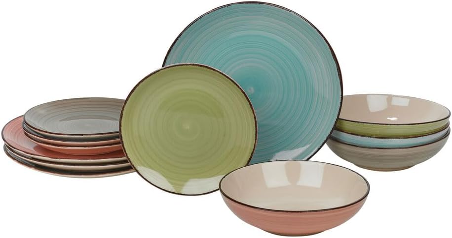 URBNLIVING Coloured Stone Glazed Ceramic Dinnerware Set - 12 Pcs Crockery Plates & Bowls - Assorted Colours - Green, Blue, Grey, Pink - Fridge & Dishwasher Safe