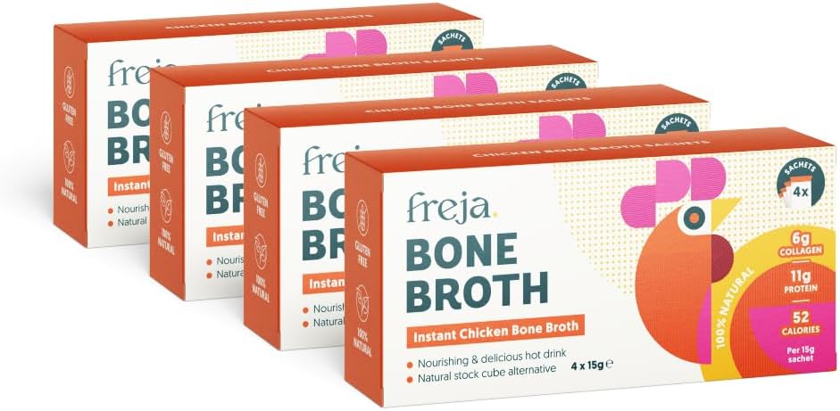 Freja Instant Chicken Bone Broth | Chicken | 100% Natural | Rich in Collagen, Protein & Amino Acids | Dairy & Gluten Free, 4 boxes (4 x 15g Sachets Per Box)