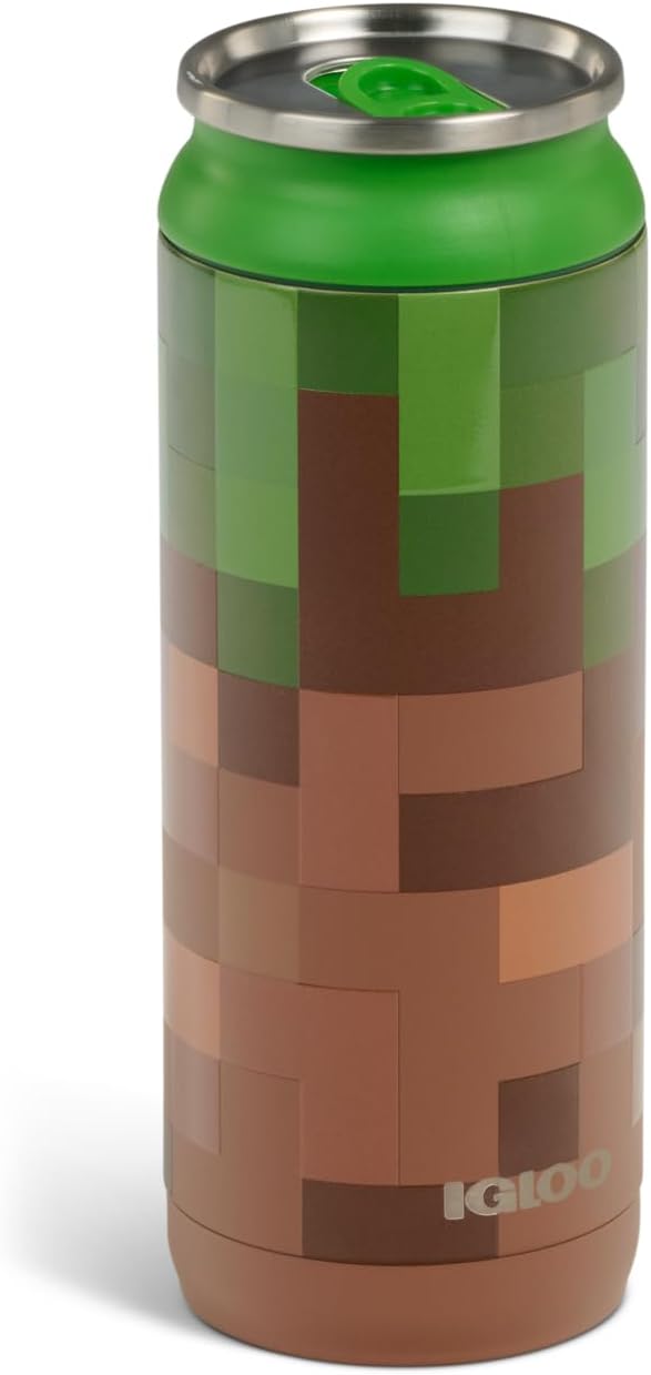Igloo MineCraft Grass Block 16 oz Stainless Steel Hydration Can, Insulated Water Bottle, Reusable Travel Mug