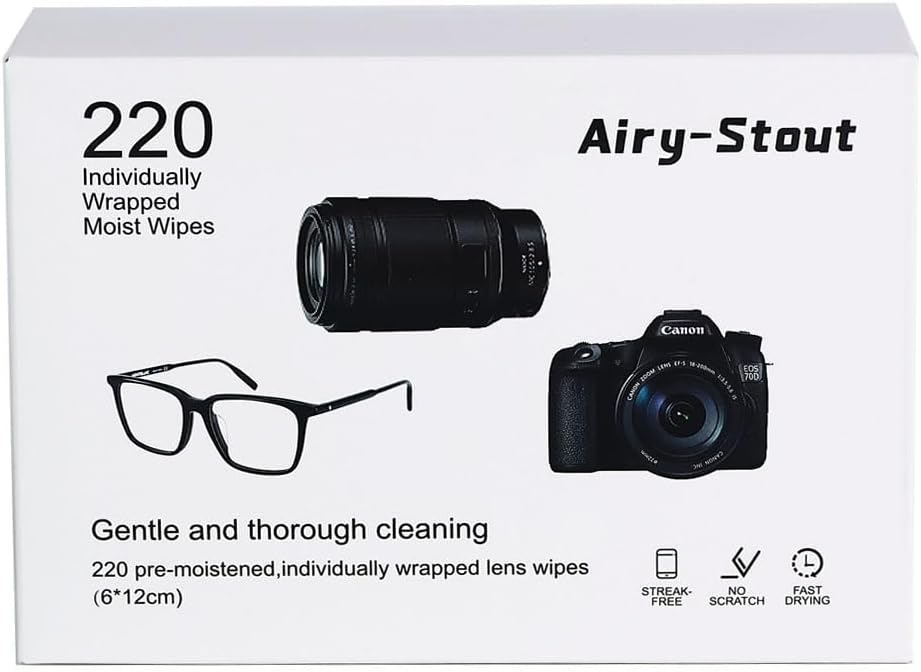 Airy-Stout Lens Wipes for Glasses, 220 Piece Pre Moistened Lens Cleaning Wipes, Individually Wrapped Microfiber Cleaning Cloth, Glasses Cleaner Wipes for Eyeglasses Camera Lens Tablets Phone Screen