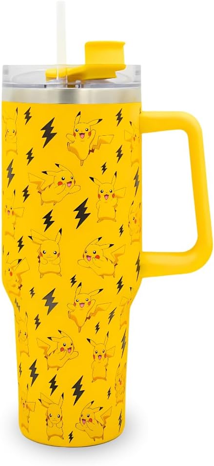 Pokemon Pikachu 40oz / 1200 ML Tumbler with Straw & Lid | Leak & Spill Proof Travel Mug | Stainless Steel Vacuum Insulated Water Bottle with Handle Keeps Cold for 17Hrs or Hot for 5Hrs
