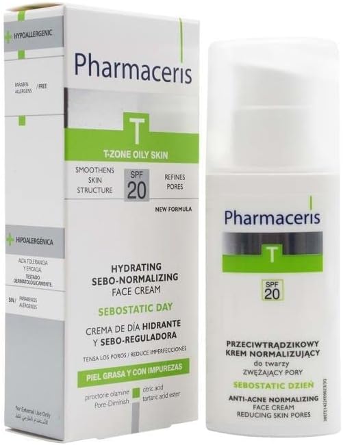 Pharmaceris T Sebostatic Day, Face Cream SPF 20, Face Moisturiser for Acne, Oily and Combination Skin, Unclogs Pores, Citric Acid - 50 ml