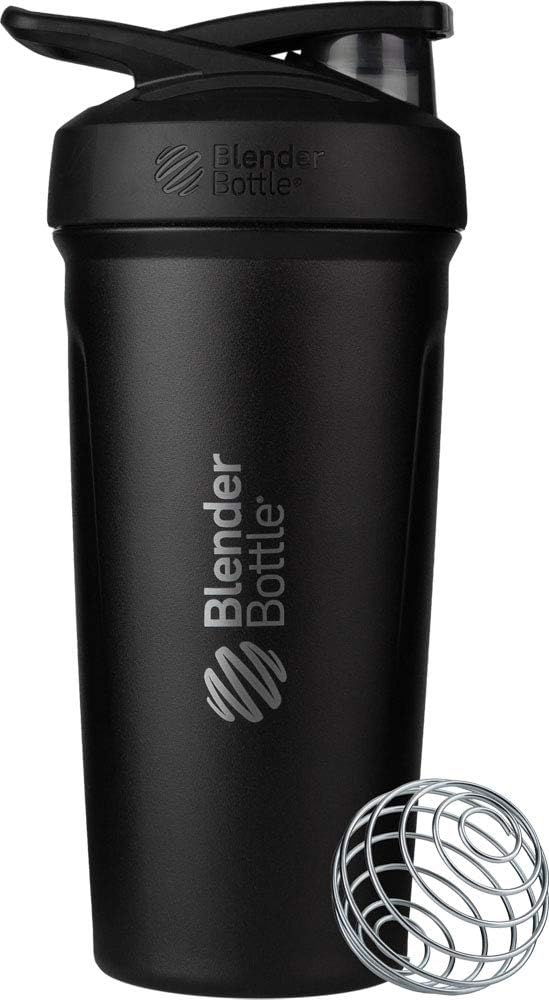 BlenderBottle Strada Shaker Cup Insulated Stainless Steel Water Bottle with Wire Whisk, 24-Ounce, Black
