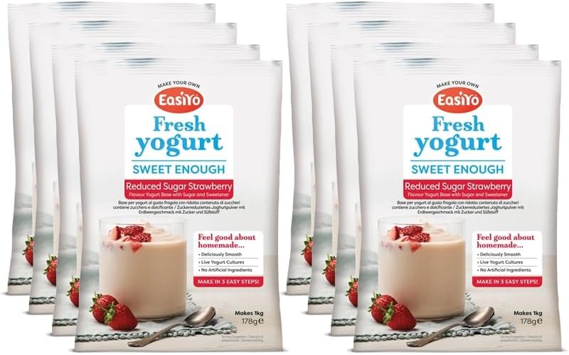 EasiYo Yoghurt Strawberry Reduced Sugar, 8 Bags | Each Bag Makes 1 kg Yoghurt