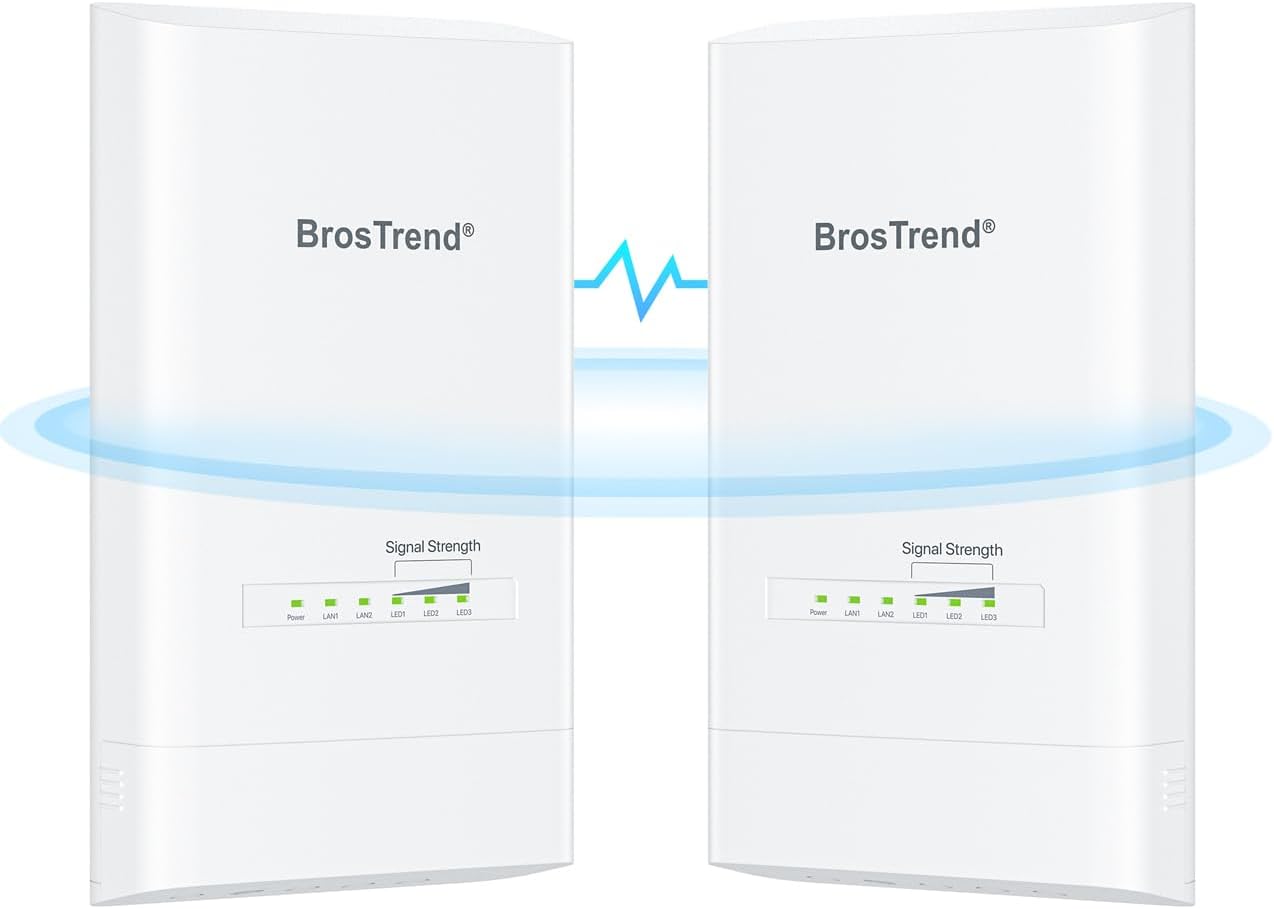 BrosTrend 5KM WiFi Bridge, Wireless Bridge Point to Point Outdoor, Long Range PtP PtMP for Camera, 2X Gigabit Ports, Plug&Play 5G 867Mbps, PoE Powered, Work with Starlink, Extend Network to Buildings