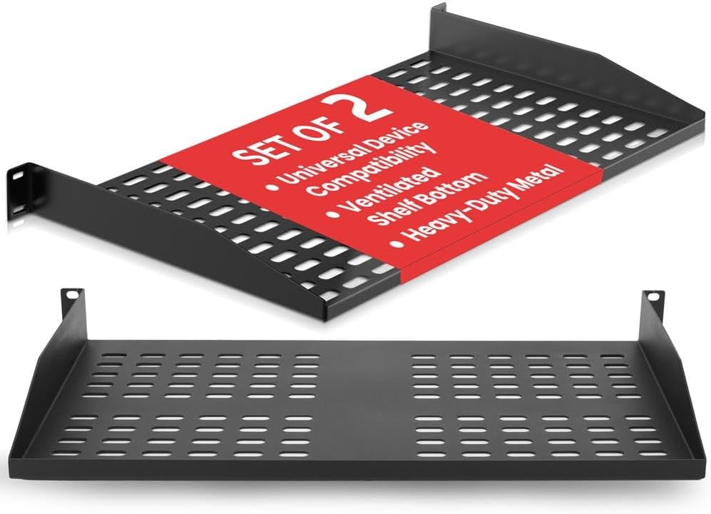 Pyle 2-Pc 1U Server Rack Shelf, Vented Shelves for Good Air Circulation, Cantilever Mount, Wall Mount Rack, Universal Device, Cabinet Shelf, Computer Case Mounting Tray, Black-Pyle PLRSTN14UX2