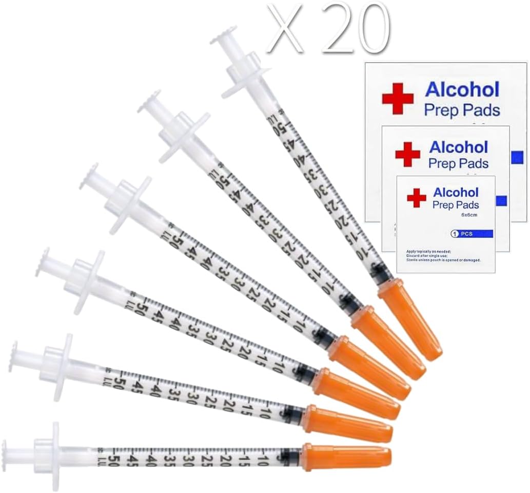U-100 Syringes - 0.5ml/cc 30G 5/16" (8 mm) Disposable Syringes + Free Alcohol Prep Pads, Individually Wrapped,20 PACK (20 units + 20 pads)