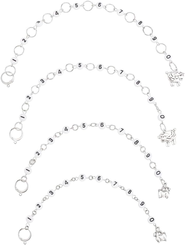 BENECREAT 4 Pcs 4 Style Row Counter Chains Set, Alloy Sheep Charm Chain Row Counter Knitting Row Counter Chains for Knitting and Crochet Crochet Stitch Markers