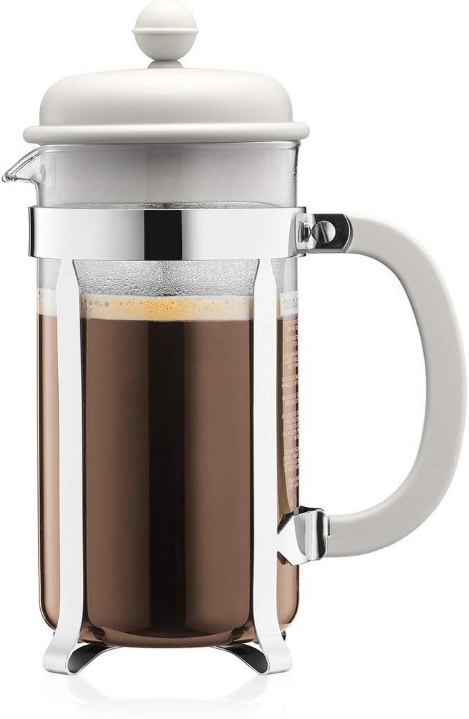 Bodum French Press Caffettiera White - 1L / 8 Cup Coffee Maker - Durable Glass & Stainless Steel Filter - BPA-Free Dishwasher Safe Percolator - Cafetiere Made in Portugal