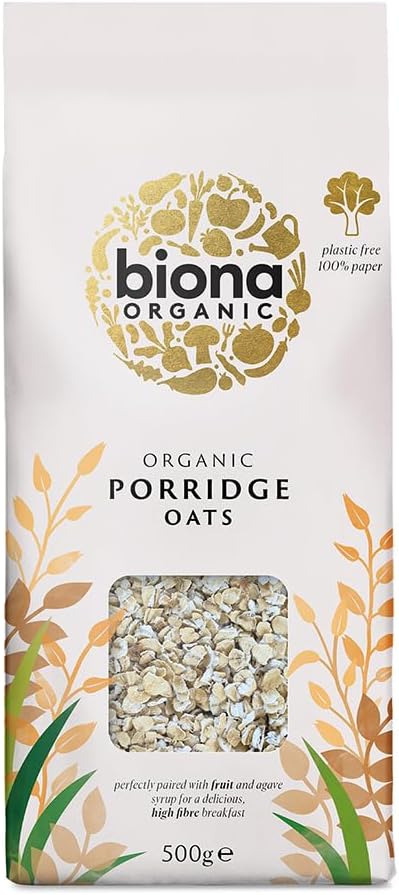 Biona Organic Porridge Oats, 500 g - Organically Grown Breakfast Oats - High Fibre - Sustainable 100% Recyclable Paper Packaging - For Cooking, Breakfast or Baking