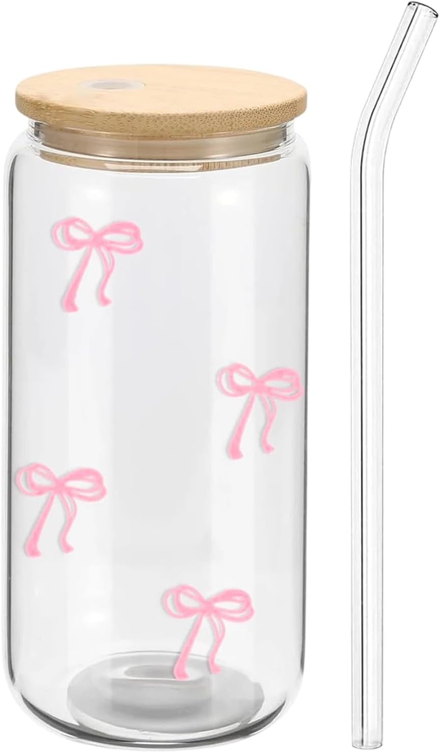 Huipalon Pink Bow Glass Cup Set With Wood Lid and Straw, 16 Oz Cute Coffee Cups, Aesthetic Transparent Cups, Gifts for Women Girls Friends