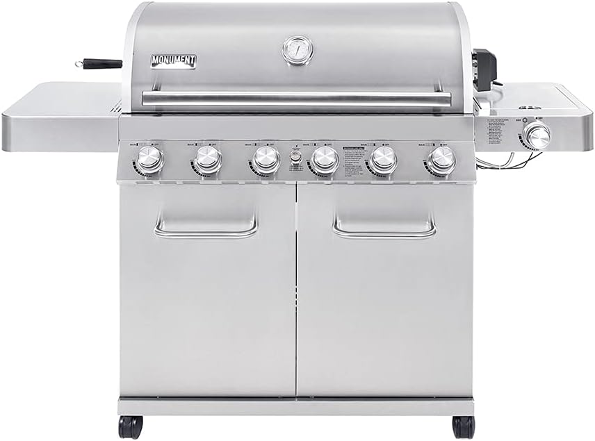 Monument Grills 77352 6+1 Burner Stainless Steel Cabinet Style Propane Gas Grill with Knob Controls, Side Burner, Built-In Thermometer, and Rotisserie Kit
