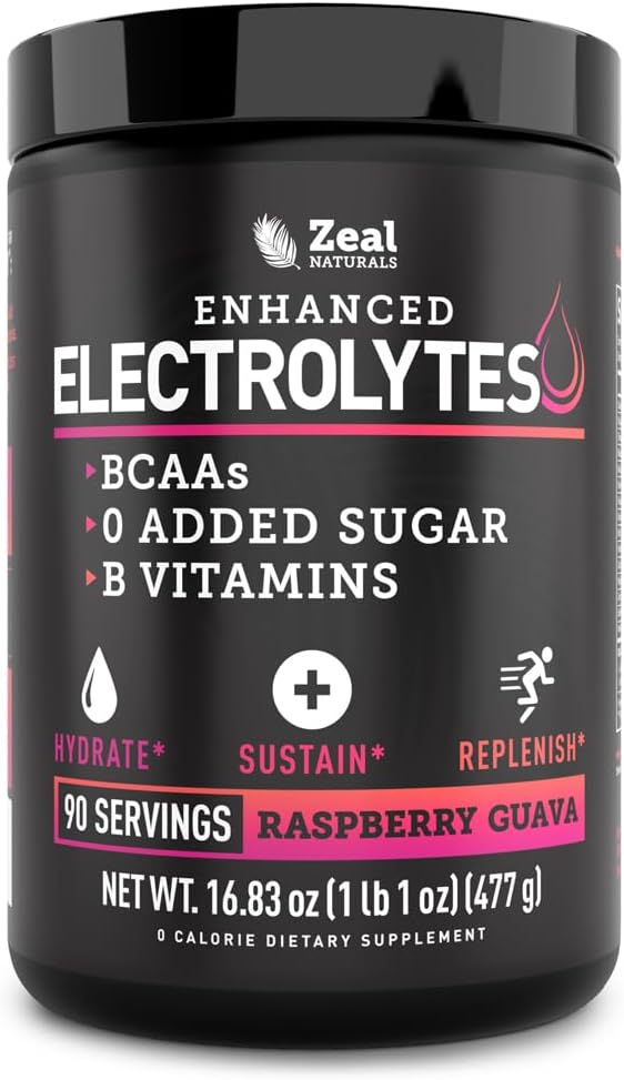 Zeal Naturals Electrolyte Powder Recovery Drink (90 Servings | Raspberry Guava) w/ 0 Sugar +BCAAs +B-Vitamins Electrolyte Supplement w Potassium Zinc & Magnesium for Hydration - Keto Electrolytes