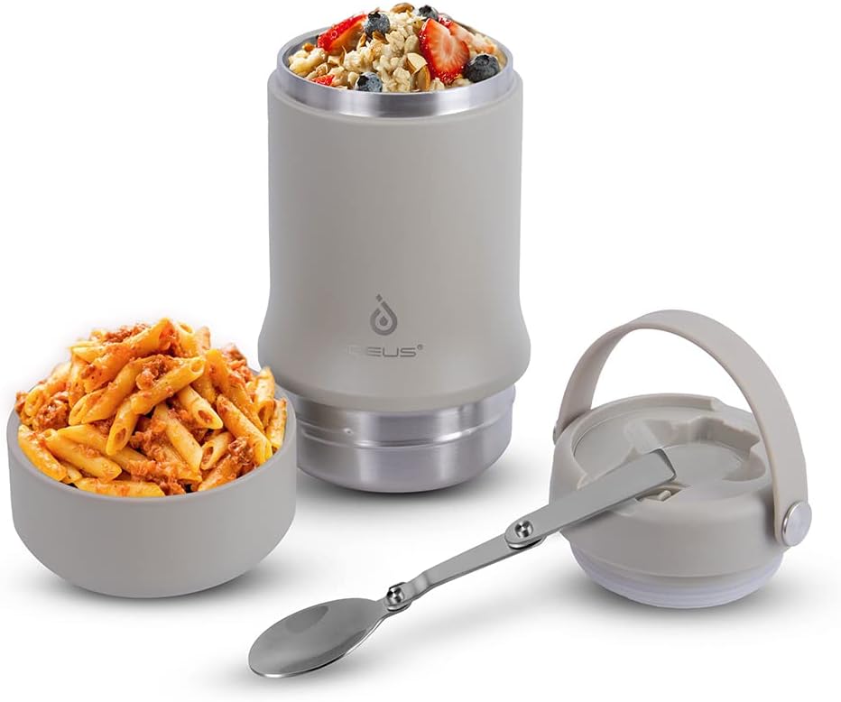 Ideus Vacuum Insulated Food Container, 600ml (20oz) Stainless Steel Double Walled Soup Flask Leakproof Food Jar w/Foldable Spoon (Mars Celadon)