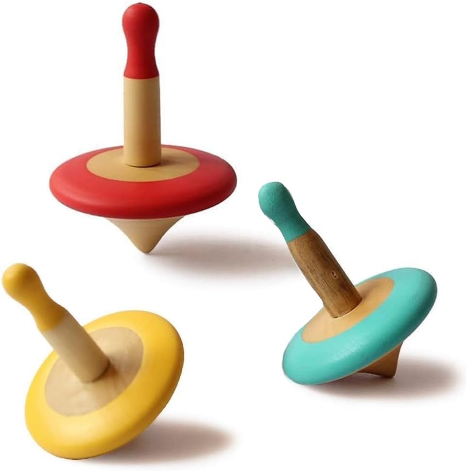 Shumee Spinning Tops for Kids 2 3 4 5+ Year Old, Set of 3 Wooden Montessori Toys, Improves Hand Eye Coordination, Great for Sensory Play, Eco-Friendly 100% Child Safe (Red/Blue/Yellow)