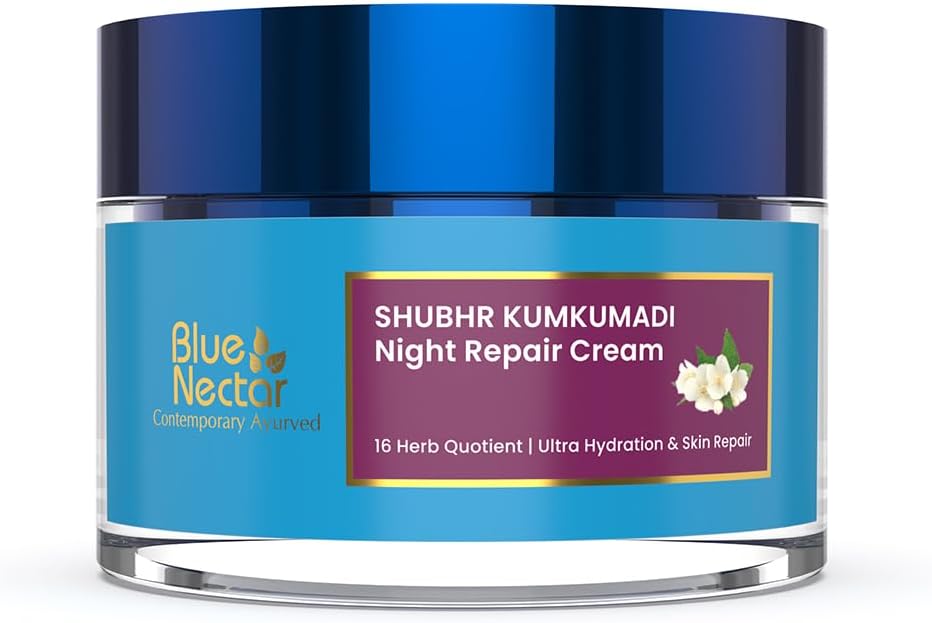 Blue Nectar Kumkumadi Night Cream Face Moisturiser for Women with Natural Almond & Saffron | Plant Based Hydrating Face Cream Moisturiser for Night (16 Herbs, 50g)