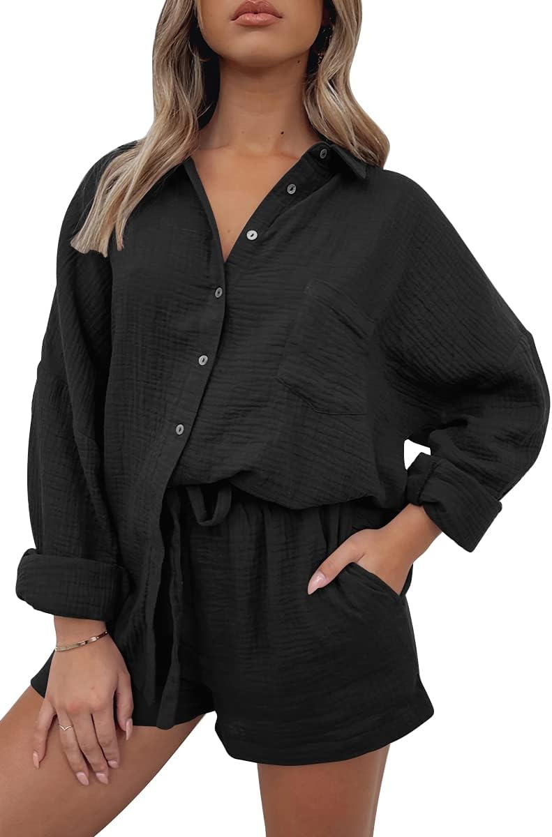 AUTOMET 2 Piece Outfits For Women Lounge Sets Pajama Sets Long Sleeve Button Down Oversized Shirts And Shorts Fall Tracksuit