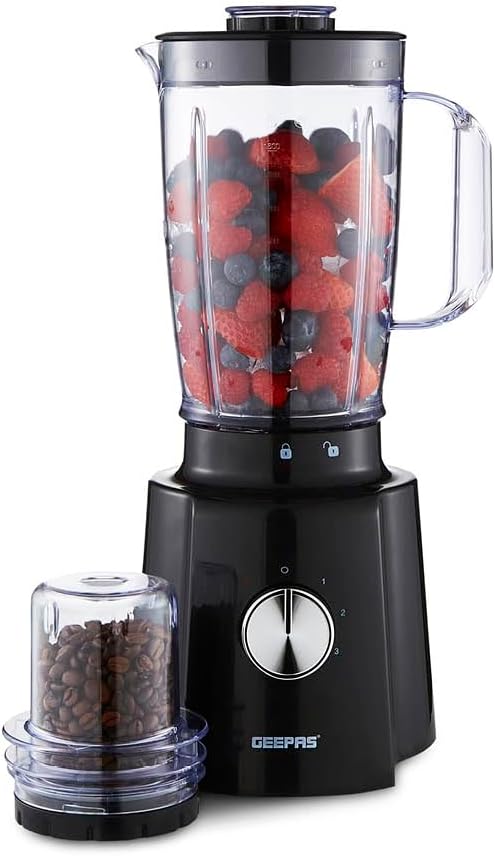 Geepas Electric Blender Smoothie Maker, Food Jug Blender 650W –Stainless Steel Blades, 3 Speed Control with Pulse, 1.6L Large Jar & 100G Coffee Spice Grinder Jar, Smoothie Maker – Black