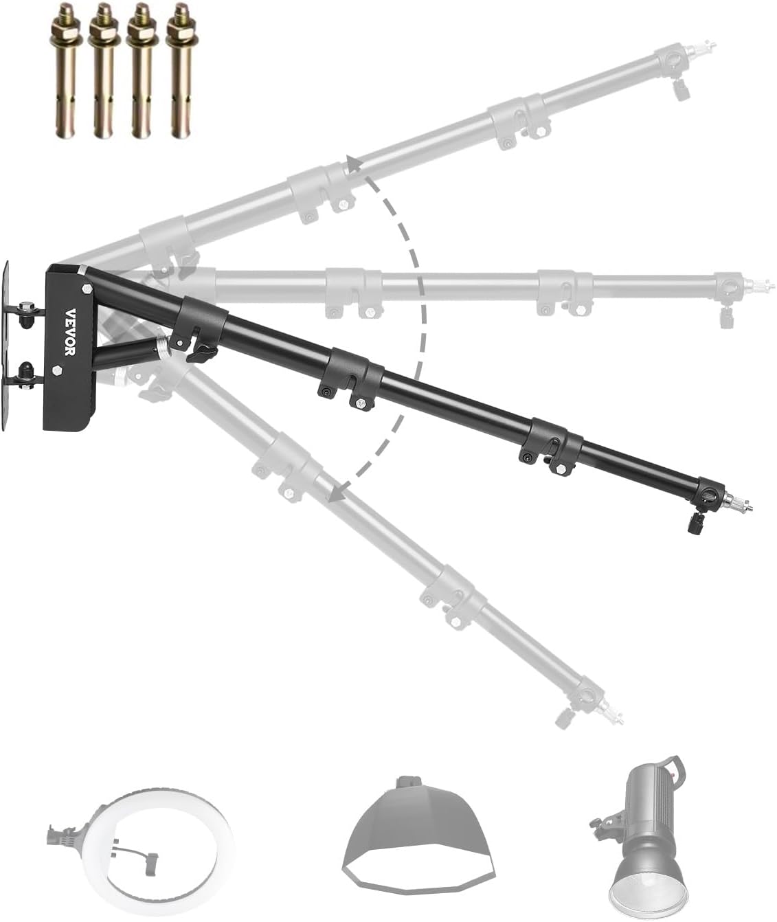 VEVOR Ring Light Wall Mount Boom Arm, 39.37 in/100 cm, Triangle Boom Arm Support 180° Rotation, Heavy Duty Wall Stand Tirpod Support, for Studio Video Light, Monolight, Photography, Softbox, Reflector