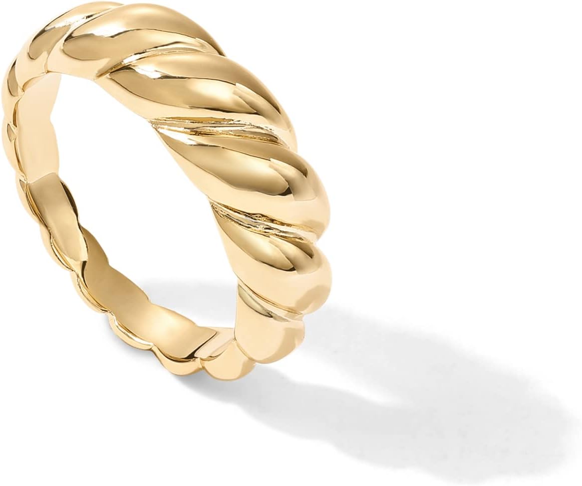 PAVOI 14K Gold Plated Croissant Dome Rings for Women - Trendy Twisted Braided Band - Chunky Signet Stackable Ring Stetement Jewelry