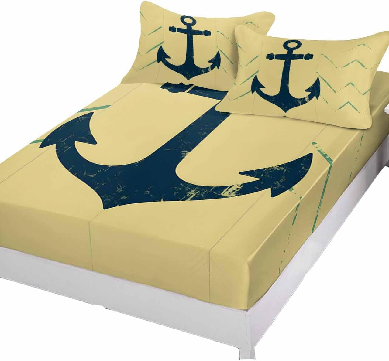 Fitted Sheets Elastic Deep Pocket Bed Sheet Cal King, Nautical Black Anchor on Yellow Soft Bed Sheets Set,Modern Mottled Texture Mattress Cover Up Hotel Luxury Fitted Sheet Pillowcase for Bedroom