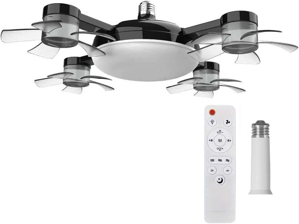 LED Ceiling Fan with Lights,E26/E27 Drone Fans Light with Remote Control,3 Speeds Light Bulb Fan,Timing,3 Color Dimmable,Modern Ceiling Fans Lamp for Bedroom,Living Room (Black 4 Heads Extension Rod)