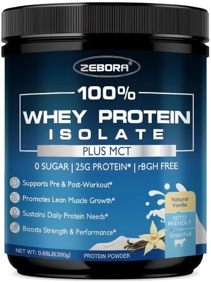 ZEBORA Whey Protein Powder, Vanilla Flavor, Grass Fed Whey Protein Isolate, 25g Protein Per Serving, Keto Friendly, 10.58 Oz, 10 Servings