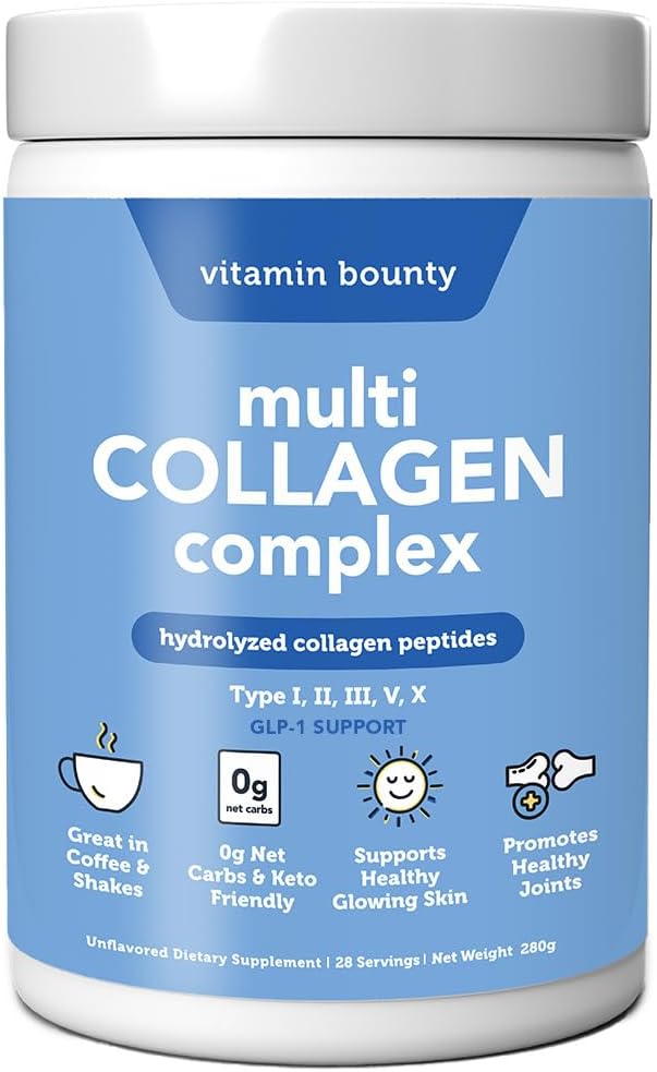 Vitamin Bounty Multi Collagen Complex - Hydrolyzed Collagen Peptides Types I, II, III, V & X - Supports Skin Elasticity, Joint Health, Hair & Nail Growth - 28 Servings