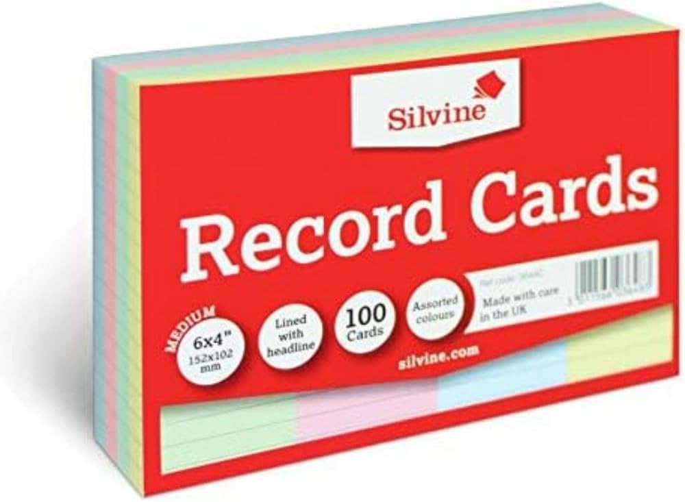 Silvine A6 Multi-Coloured Record Cards - Lined with Headline, 100 Cards Per Pack (Size 6x4"), 564AC