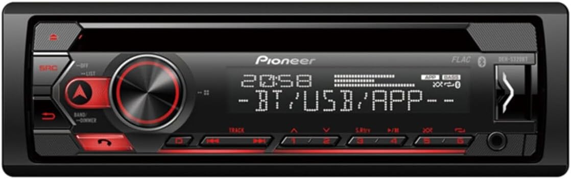 Pioneer DEH-S320BT 1-DIN CD Tuner with Bluetooth, USB, Spotify, Pioneer Smart Sync App and compatible with Android devices.