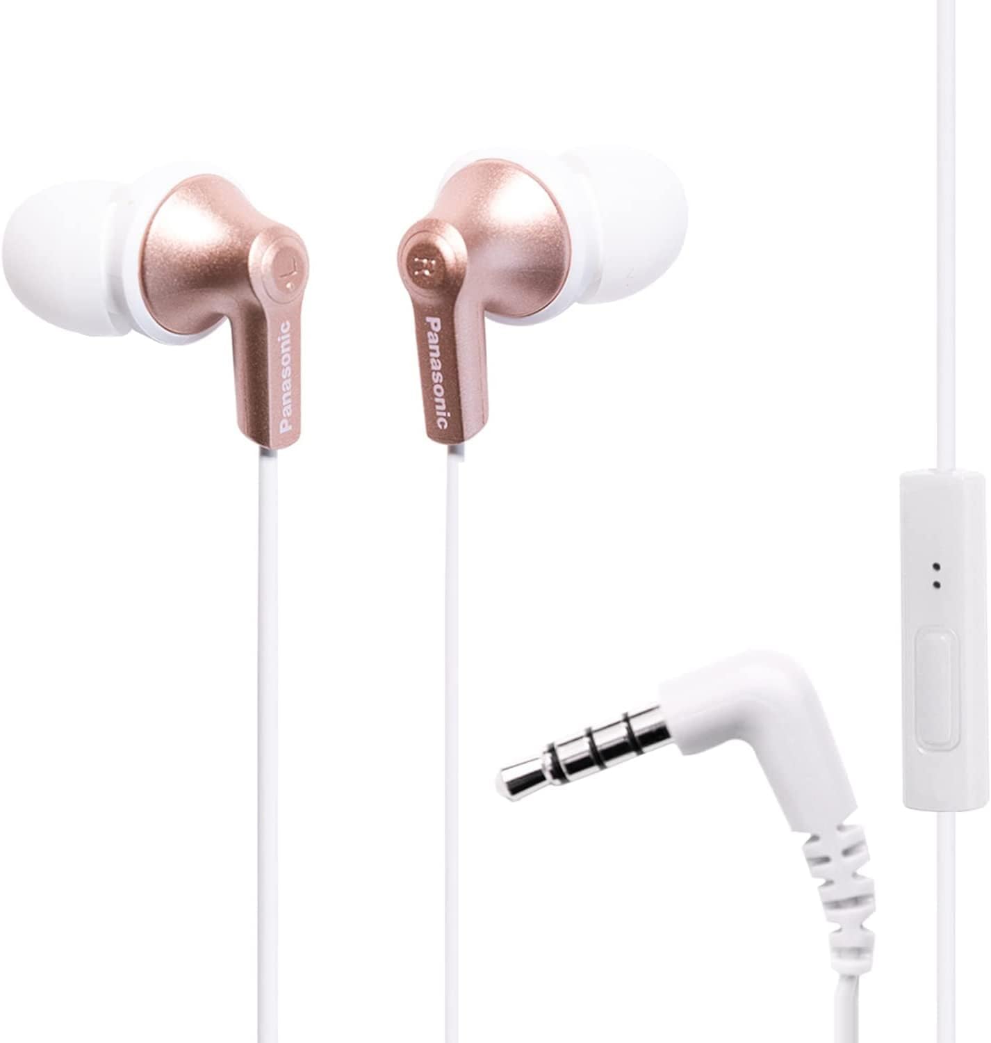 Panasonic ErgoFit Wired Earbuds, In-Ear Headphones with Microphone and Call Controller, Ergonomic Custom-Fit Earpieces (S/M/L), 3.5mm Jack for Phones and Laptops - RP-TCM125-N (Rose Gold)