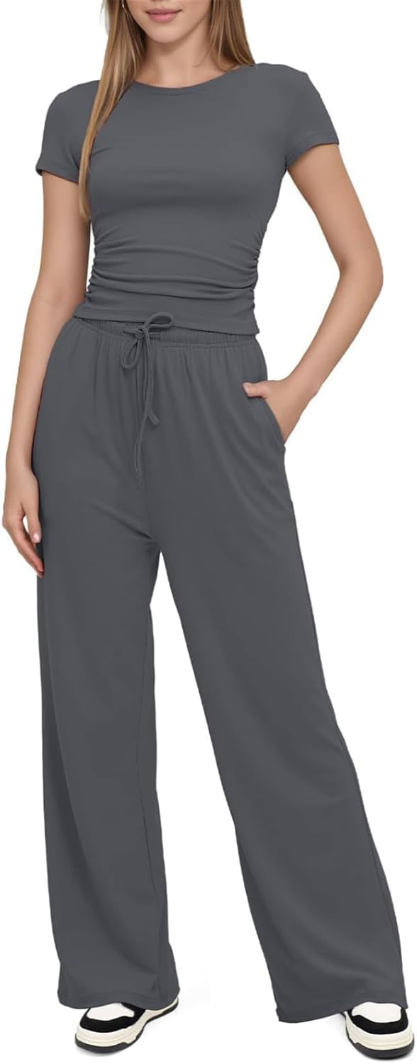 SotRong Summer 2 Piece Outfits Women Lounge Wear Sets Ruched Short Sleeve Crop Tops and High Elastic Waisted Wide Straight Leg Pants Tracksuit Activewear Casual Leisure Wear Sets