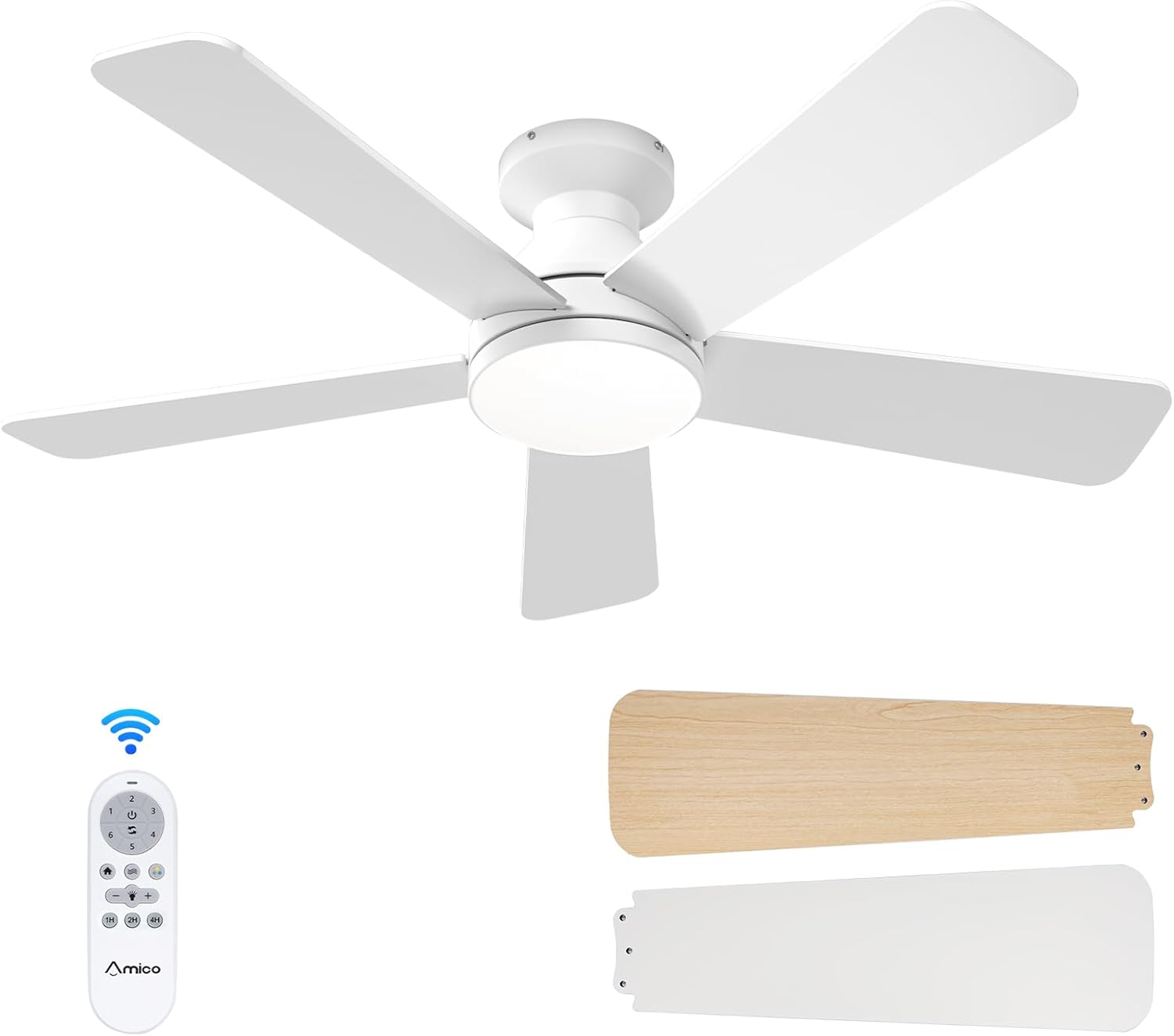 Amico Ceiling Fans with Lights, 42 Inch Low Profile Ceiling Fan with Light and Remote Control, Flush Mount, Reversible, 3CCT, Dimmable, Quiet, White Small Ceiling Fan for Bedroom Outdoor/Indoor Use