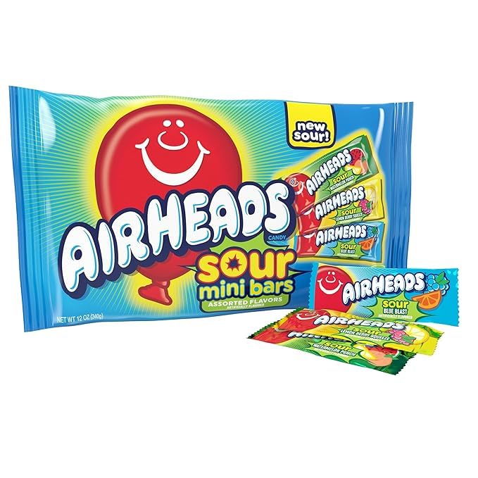 Airheads Sour Mini Candy Bars, Taffy Assorted Bag, Individually Wrapped Candy, Three Assorted Flavors, 12 Oz Bag