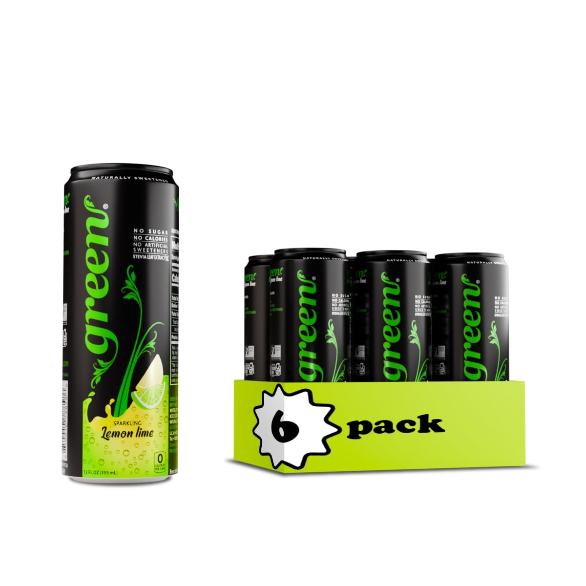 Green Lemon Lime - Sugar Free, No Calories, Naturally Sweetened with 100% Stevia Leaf Extract, Carbonated Soda, 12 Fl Oz each can - Pack of 6