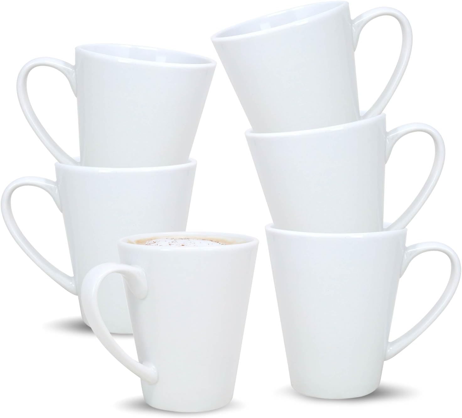 UNIQUE HOME LIVING Coffee Mug Set of 6, 340ml White Porcelain Coffee Mugs for Milk Hot Cocoa Latte Coffee Cups with Handle, Tea Mugs, Microwave and Dishwasher Safe