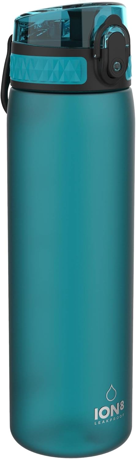 Ion8 Water Bottle, 500 ml/18 oz, Leak Proof, Easy to Open, Secure Lock, Dishwasher Safe, BPA Free, Hygienic Flip Cover, Carry Handle, Fits Cup Holders, Easy Clean, Carbon Neutral, Aqua